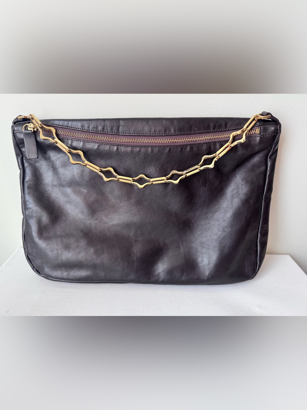 Genuine Italian Leather Clutch in Dark Brown with Gold Chain Accent